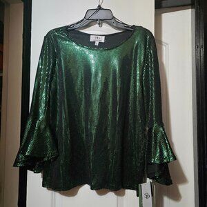 SD Collection Women's Green Top With Metallic Sequin Work & Bell Sleeves - Large